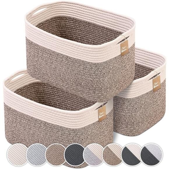 Cotton Rope Storage Baskets 3 Pack Off White Brown Laundry Toy Organizer Bin - Picture 1 of 7